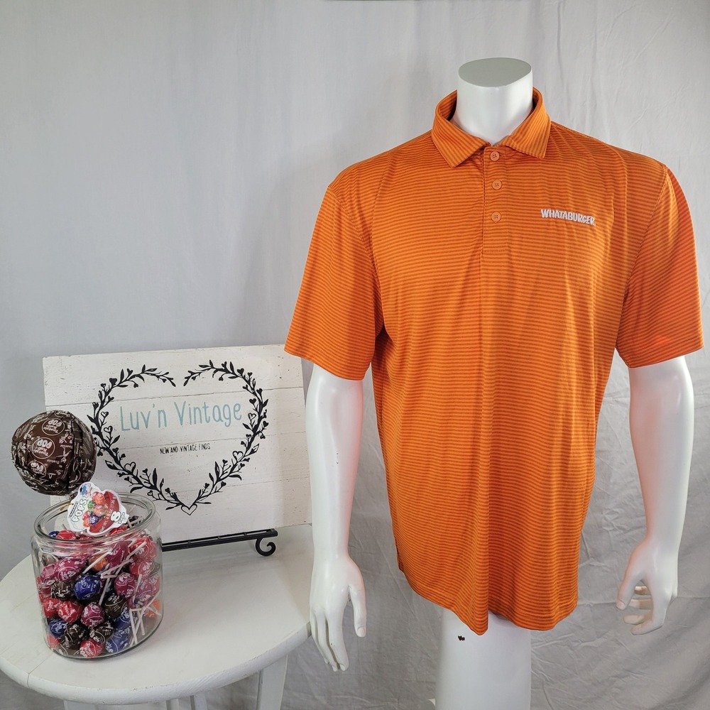 Whataburger Mens Orange Striped Performance Polo Shirt Size Large Logo Golf Top